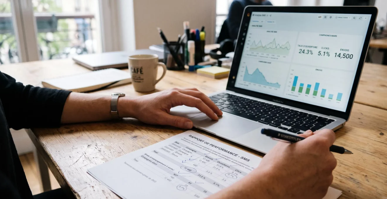 Les mains d'une analyste comparent des statistiques de campagne SMS affichées sur un ordinateur portable avec un document imprimé posé sur le bureau.