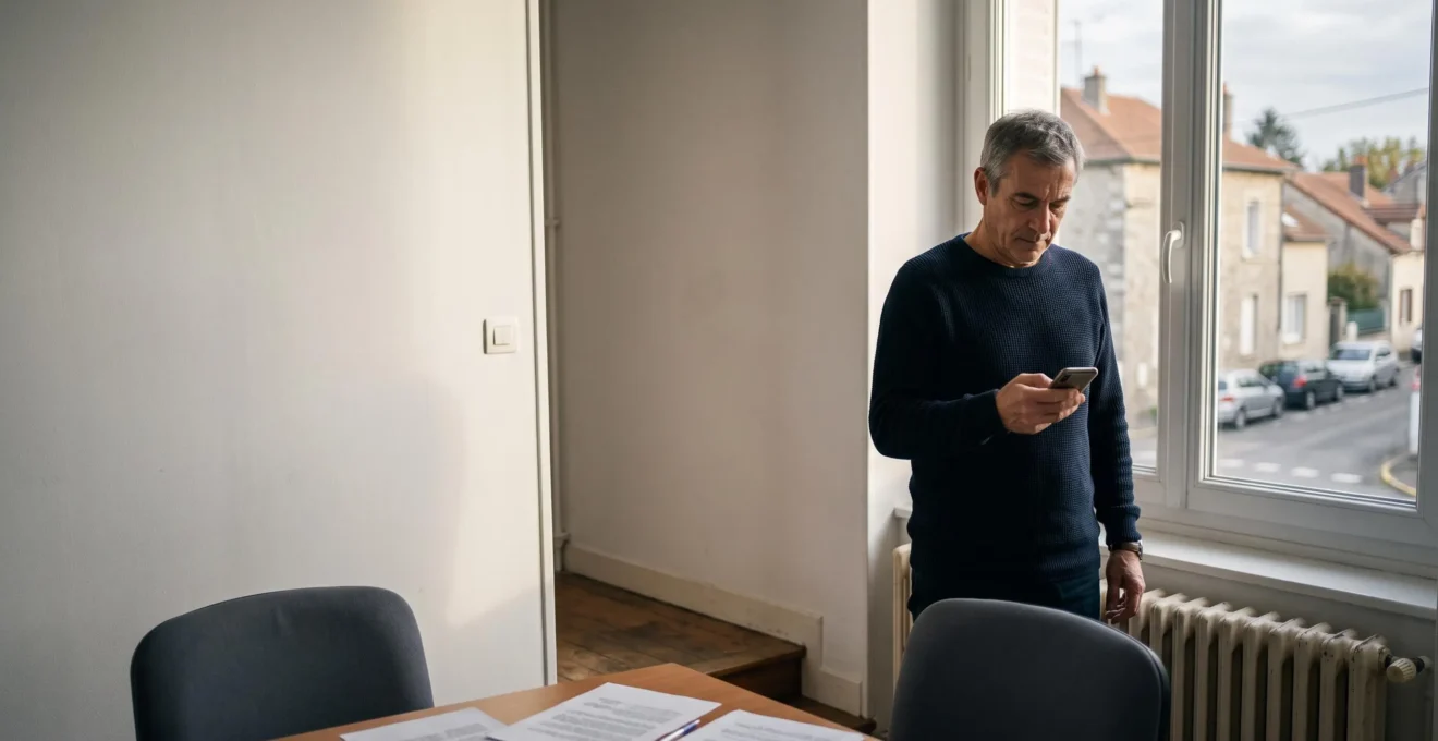 Un homme debout près de la fenêtre d'un bureau lit un SMS sur son smartphone, une table de réunion avec des documents au premier plan.