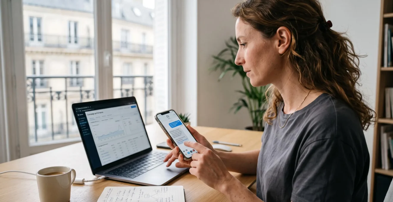 Une responsable marketing consulte un SMS reçu sur son smartphone, son ordinateur portable ouvert affichant un tableau de bord de campagne à côté d'elle.